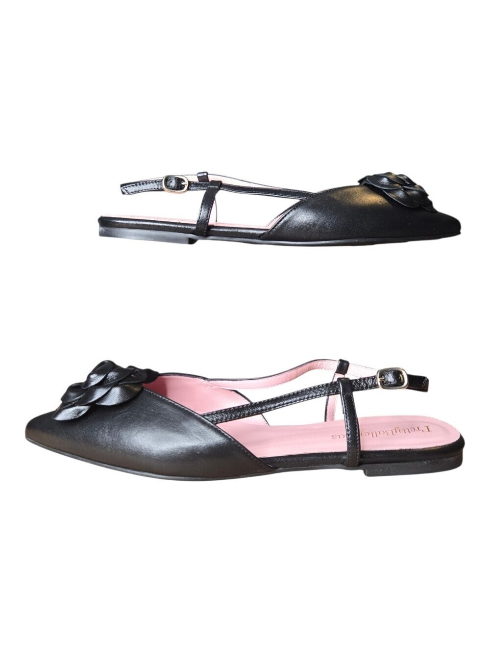 Pretty Ballerinas Womens Black Leather Ella Camellia Rosette Slingback Flats 39